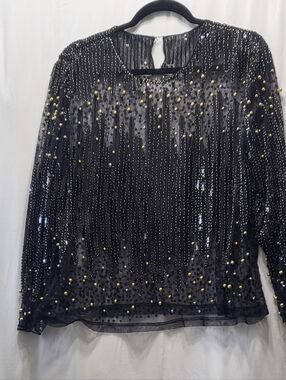 Black Beaded & Sequin Evening Top with Gold Accent Beads